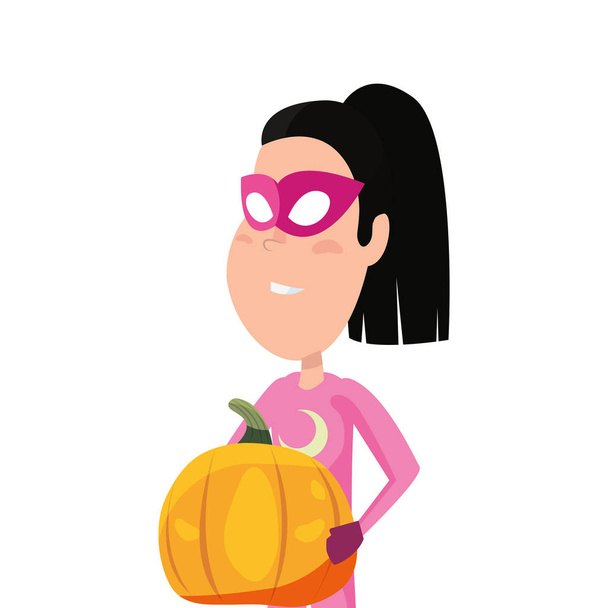 ragazza con costume tenendo zucca Halloween
 - Vettoriali, immagini