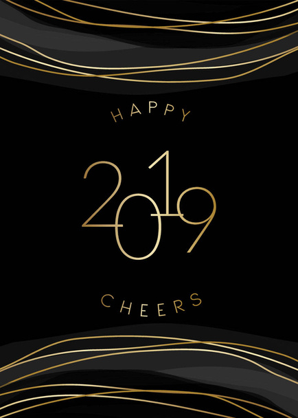 Plantilla de tarjeta de felicitación de Año Nuevo 2019 con decoración de oro brillante y texto Happy 2019 Cheers in gold on black background. Elegante folleto vectorial festivo, folleto, póster, diseño de post redes sociales
. - Vector, imagen