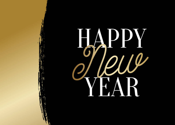New Year greeting card template with shiny gold brush stroke decoration and text Happy New Year in white and gold on black background. Elegant festive vector flyer, brochure, poster, social media post design. - Vector, Image