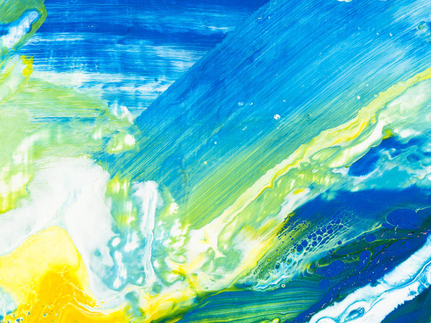 Kék, zöld és sárga kreatív absztrakt festészet háttér, a festés, tapéta, textúra töredéke. Modern művészet. Kortárs művészet. - Fotó, kép