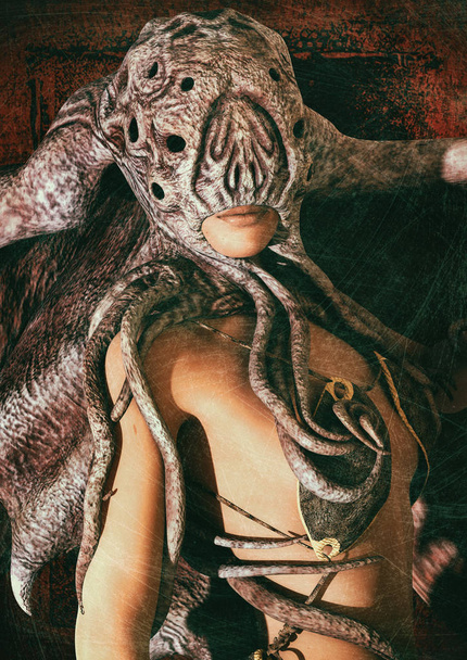 Portré egy nőt öltözködés Cthulhu-szerű maszkok. - Fotó, kép