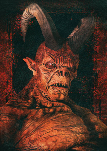 Porträt eines beängstigenden Dämons mit rotem Hörner. - Foto, Bild