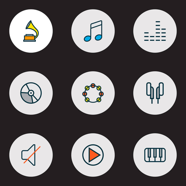 Multimedia icons colored line set with notes, phonograph, vinyl and other mute elements. Isolated vector illustration multimedia icons. - Vector, Image