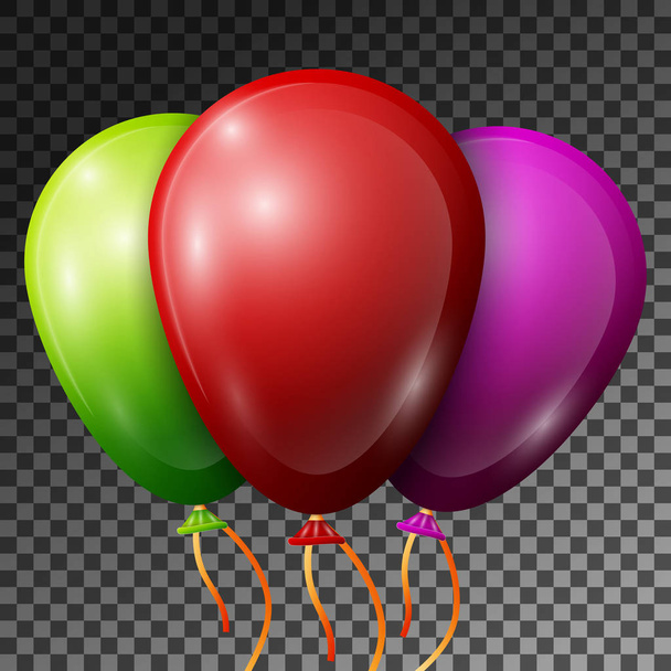 Realistic Red, Green, Purple or Violet Balloons with ribbons isolated on transparent background. Vector illustration of shiny colorful glossy balloons for Birthday party - Vector, Image