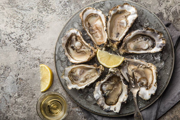 fresh raw oysters on gray plate served with lemon and white wine, top view, concrete background - Photo, image
