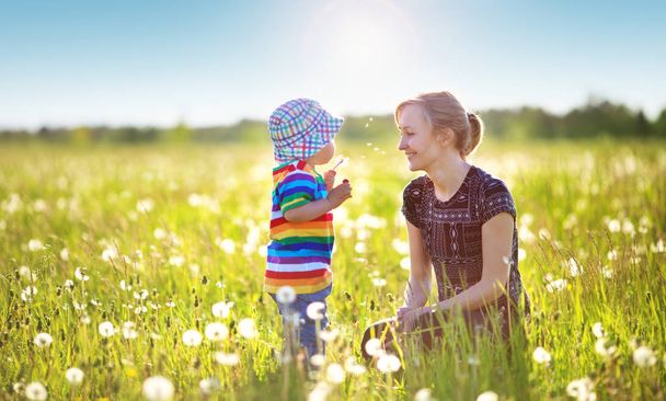Young woman with a boy blowing dandelions. Mother and son having fun on the field - Fotoğraf, Görsel