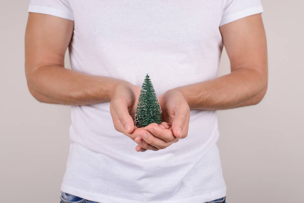 Cropped closeup view picture photo portrait of tiny little small green with snow snowflakes christmas tree in hands isolated grey background - Photo, Image