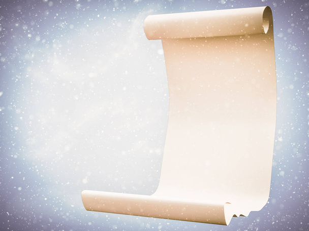 3D-Darstellung einer Weihnachtswunschliste oder magischen Märchenrolle umgeben von Schnee. - Foto, Bild