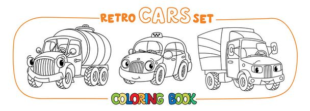 Engraçado pequenos carros retro com olhos conjunto de livros para colorir - Vetor, Imagem