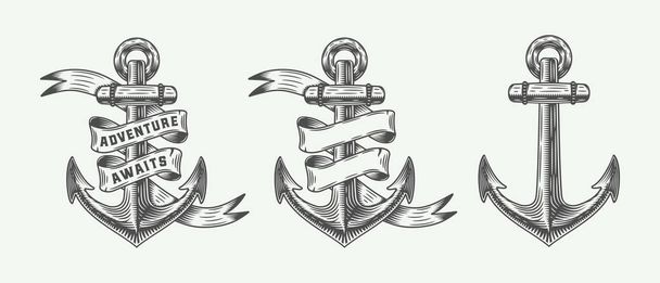 Set of vintage retro anchors in retro style with adventures typography. Monochrome graphic Art. Vector Illustration. - Vector, Image