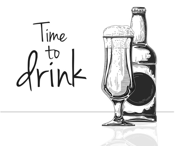 Una botella de cerveza. Un vaso con cerveza. Leyenda: hora de beber. Ilustración vectorial de un estilo de boceto
. - Vector, Imagen