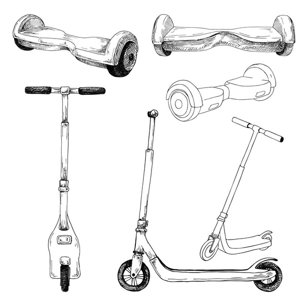 Set of different scooters and hoverboards. Vector illustration in sketch style. - Вектор, зображення