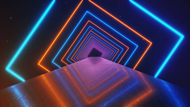 abstrakte Bewegung geometrischer Hintergrund, leuchtende Neon-Quadrate, die einen rotierenden Tunnel schaffen, blau rosa violettes Spektrum, fluoreszierendes ultraviolettes Licht, moderne bunte Beleuchtung, 3D-Illustration - Foto, Bild