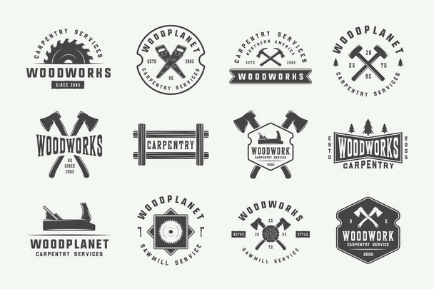 Set of vintage carpentry, woodwork labels, badges, emblems and logo. Vector illustration. Monochrome Graphic Art. - Vector, imagen