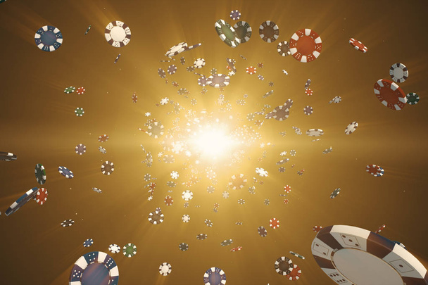 Volar chips de casino en la cámara con rayos de luz en un fondo colorido 3d ilustración
 - Foto, imagen