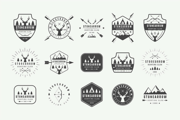 Set of vintage hunting labels, logos, badges, emblems, marks and design elements. Vector Illustration. Monochrome Graphic Art. - Vector, Image