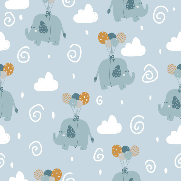 Seamless pattern with cute elephants with balloons in Scandinavian style. Suitable for printing on fabric, baby clothes, paper. - Vektör, Görsel