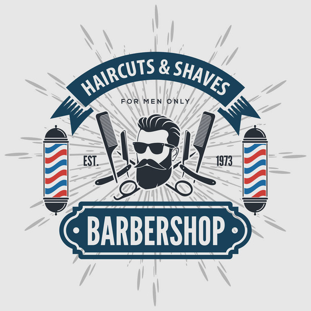 理髪店のポスター、バナー、ラベル、バッジ、またはビンテージ スタイルのバーバー ポールと灰色の背景にエンブレム。ベクトル図 - ベクター画像