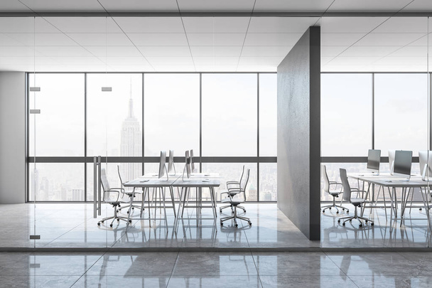 Clean concrete office interior with panoramic city view, equipment and daylight. Coworking workplace concept. 3D Rendering  - Photo, Image