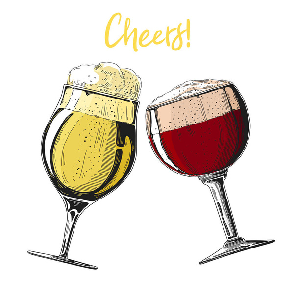 Twee glazen met bier op een witte achtergrond. Inscriptie Cheers. Vectorillustratie in schets stijl. - Vector, afbeelding