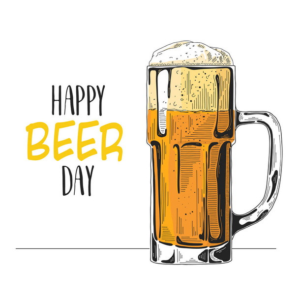 ビールのグラスのスケッチ。テキスト: 幸せなビールの日。スケッチ スタイルのベクトル イラスト. - ベクター画像