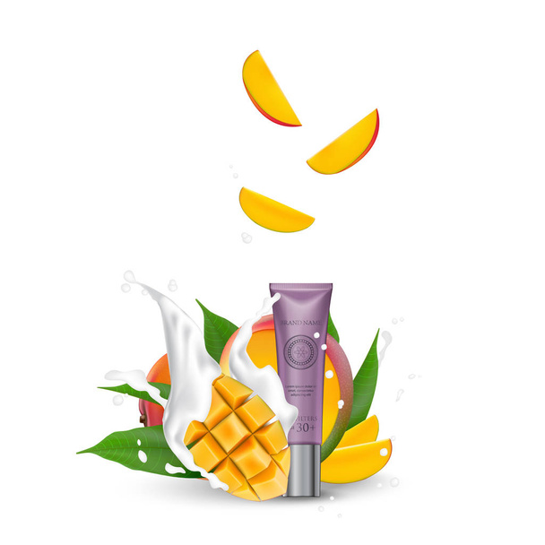Bio kozmetikai luxus csomagolás, műanyag cső. Kozmetikai krém magazin hirdetések termék mango gyümölcs. 3D reális csomagolás testradír. Fröccsenő tejre. Címke design vektor illusztráció. - Vektor, kép