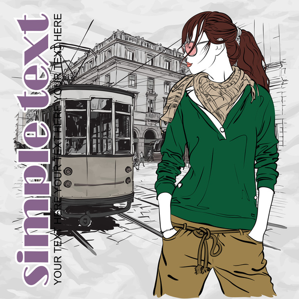 EPS10 vector illustration of a pretty fashion girl and old tram. Vintage style. - ベクター画像