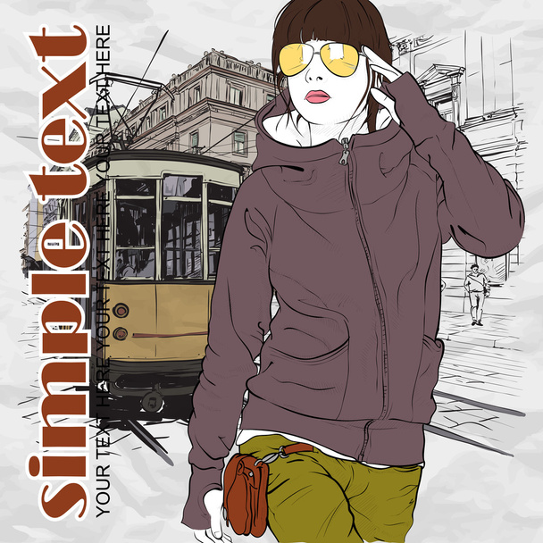EPS10 vector illustration of a pretty fashion girl and old tram. Vintage style. - Vector, Image
