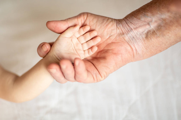 Yaşlı bir kadının bebek kolu ve eli. Nüfusun güzel kavramsal görüntüsü. - Fotoğraf, Görsel