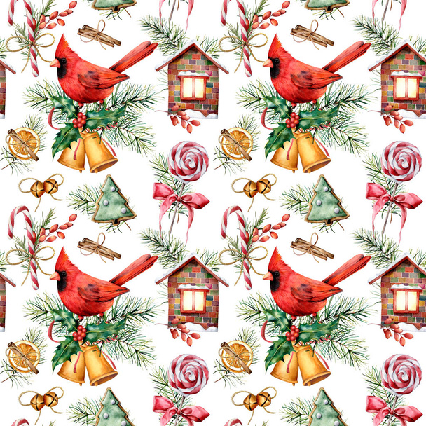 Patrón de vacaciones de acuarela con símbolos cardinales y navideños. Pájaro rojo pintado a mano, campanas, casa, bastón de caramelo, rama de pino aislado sobre fondo blanco. Ilustración de invierno para diseño, tela
 - Foto, Imagen