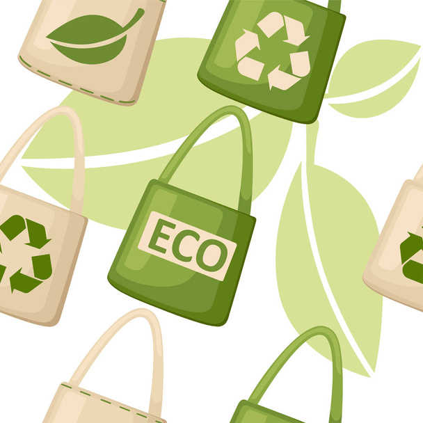 Χωρίς ραφή πρότυπο. Πράσινο και μπεζ ύφασμα πανί ή το χαρτί τσάντα. Τσάντες με την ανακύκλωση, πράσινα φύλλα και Eco σύμβολα. Πλαστικές σακούλες αντικατάσταση. Επίπεδη διανυσματικά εικονογράφηση σε άσπρο φόντο με τα πράσινα φύλλα. - Διάνυσμα, εικόνα