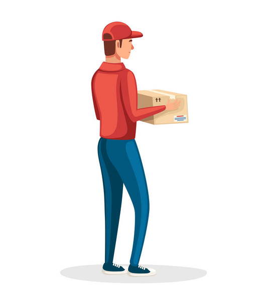 Postal courier. Delivery worker holding cardboard box. Cartoon character design. Red postal uniform. Delivery of parcel and packages. Flat vector illustration isolated on white background. - Vector, Image