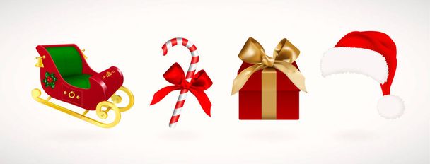 Winter vakantie pictogrammen. Set van Christmas Santa Claus slee en hoed, geschenkdoos met gouden lint en riet van het suikergoed. Realistische vectorillustratie. - Vector, afbeelding