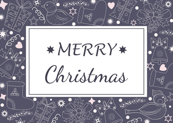 Christmas greeting card template. Vector Merry Christmas elements, presents, ribbons. Winter holiday flat design - Vektori, kuva