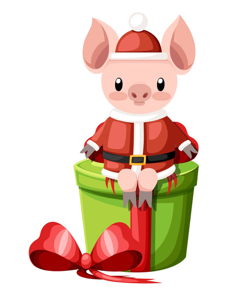 クリスマス サンタ衣装でかわいいブタ。漫画のキャラクター デザイン。こぶたは緑のギフト ボックスの上に座る。ピンクの動物マスコット。白い背景で隔離のフラット ベクトル図. - ベクター画像