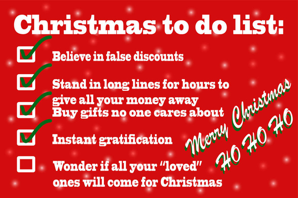 Illustration der sarkastischen Weihnachts-To-Do-Liste auf rotem Hintergrund mit Schneeflocken - Vektor, Bild