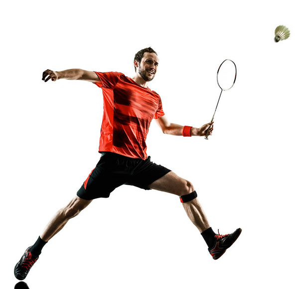  Badmintonspieler Mann Schatten Silhouette isoliert weißen Hintergrund - Foto, Bild