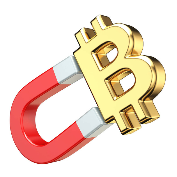 Złoty znak waluty Bitcoin na czerwony magnes 3d renderowania ilustracja na białym tle - Zdjęcie, obraz