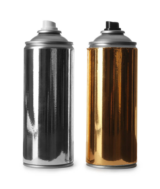 Cans of different spray paints on white background - Fotoğraf, Görsel