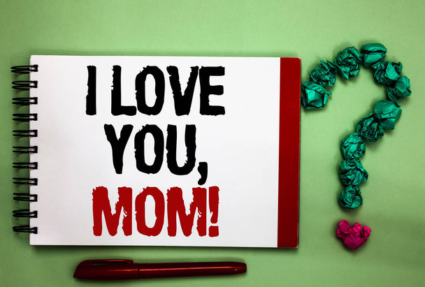 私は愛あなたのお母さんを示すメモを書きます。事業写真展示愛するメッセージ感情愛情暖かい宣言青磁色背景赤両面メモ帳文字緑クエリ マーク. - 写真・画像