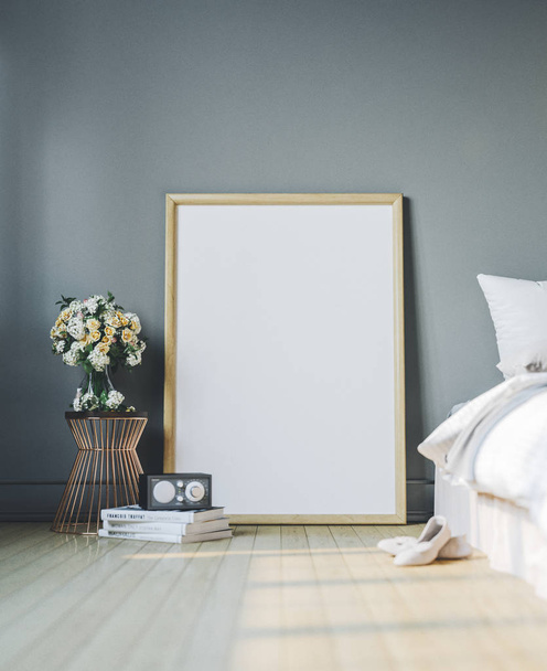 Cozy bedroom with empty poster frame. Frame mockup in interior. - Photo, Image