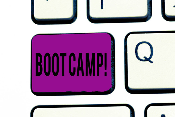 Escritura manual conceptual que muestra Boot Camp. Texto de la foto de negocios Campo de entrenamiento militar para nuevos reclutas Disciplina dura Fitness
 - Foto, imagen