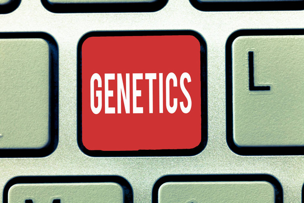 Szöveg jel mutatja a genetika. Fogalmi fénykép tanulmányozása, az öröklődés és a módosítás az örökölt jellemzői - Fotó, kép