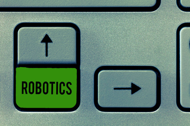 Schreibnotiz, die die Robotik zeigt. Business-Foto präsentiert Zweig der Technologie, die sich mit Konstruktion von Robotern beschäftigt - Foto, Bild