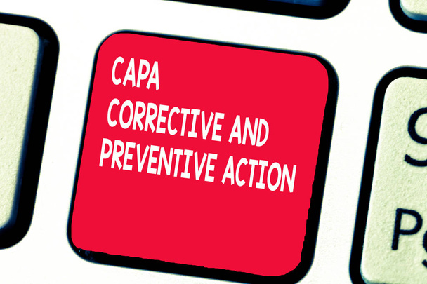 Conceptual hand writing showing Capa Corrective And Preventive Action. Business photo text Elimination of nonconformities - Photo, Image