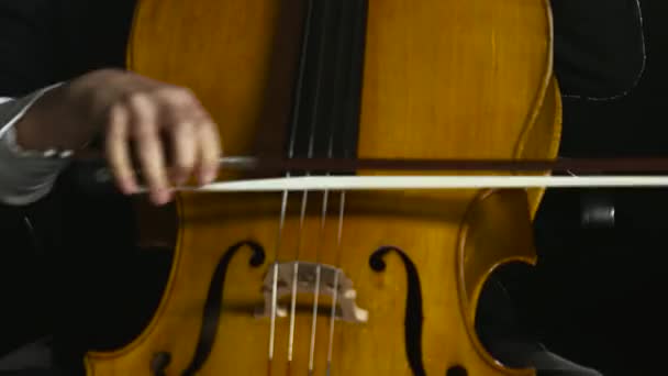 Mulher toca violoncelo profissionalmente música clássica. Fundo de fumo preto. Fechar
 - Filmagem, Vídeo