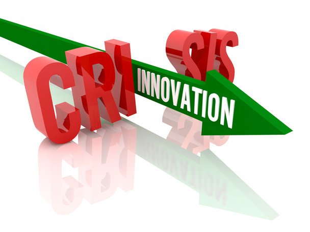 Šipka s slovo inovace přestávky slovo krize. koncept 3d ilustrace. - Fotografie, Obrázek