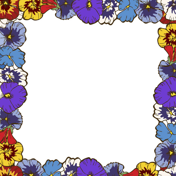 Frame of flowers. Beautiful frame of colorful pansies. Ready template for your design, vector illustration - Vector, Imagen