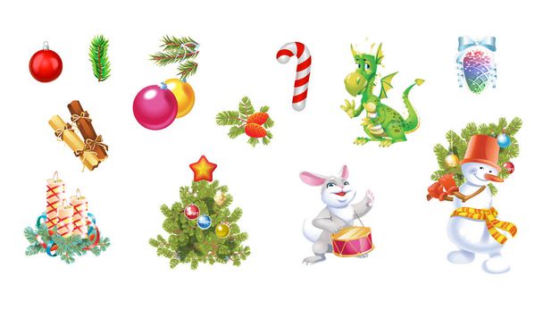 Χριστούγεννα και νέο έτος διακόσμηση με πεύκο, μπάλες, παιχνίδια, χιονάνθρωπος και κεριά. Εορταστική διανυσματικά στοιχεία για το σχεδιασμό ή ευχετήριες κάρτες - Διάνυσμα, εικόνα