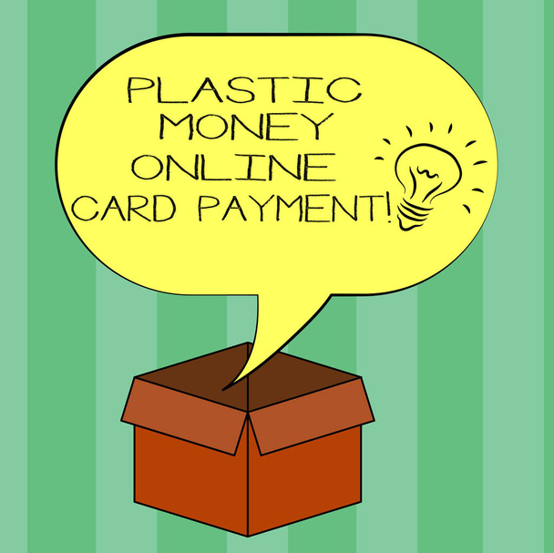 Handwriting text writing Plastic Money Online Card Payment. Concept meaning Website multimedia purchasing ecommerce Idea icon Inside Blank Halftone Speech Bubble Over an Open Carton Box. - Photo, Image